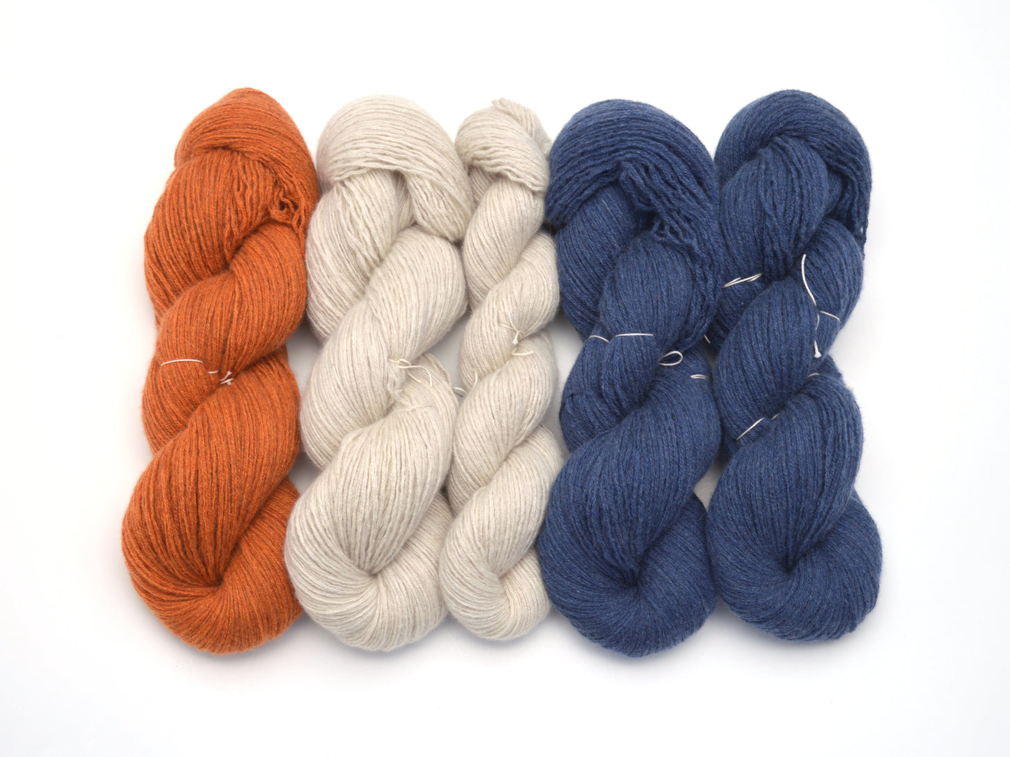 Sweater Lot Light Sport Weight Cashmere Recycled Yarn in Burnt Orange, Slate Blue, and Ecru
