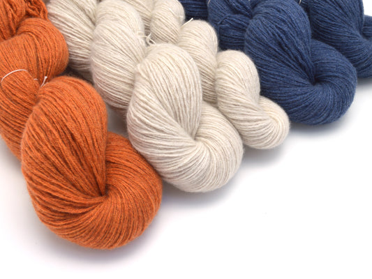 Sweater Lot Light Sport Weight Cashmere Recycled Yarn in Burnt Orange, Slate Blue, and Ecru